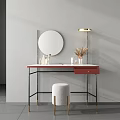 Stylish Dressing Table With Round Mirror Gold Floor Lamp White Countertop Red Edge Black Legs Light Gray Stool Skincare Products Dried Flowers