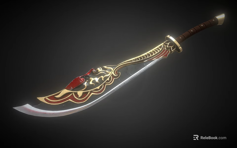 Ornate Long Sword Featuring Gold Red Decorations Brown Handle And Blade Patterns 3d model
