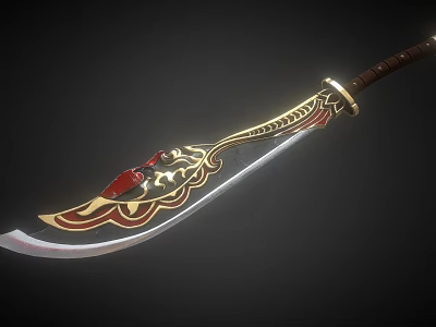 Ornate Long Sword Featuring Gold Red Decorations Brown Handle And Blade Patterns 3d model