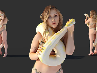 Woman in Bikini Holding Yellow and White Snake in Different Poses 3d model