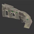 Stone Architectural Structure With Arched Doorways Curved Stairs And Green Plants
