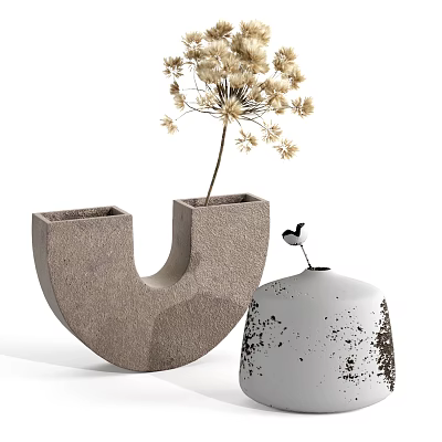 U Shaped Concrete Vase Holding Dried Light Colored Flowers and White Spotted Decorative Object 3d model