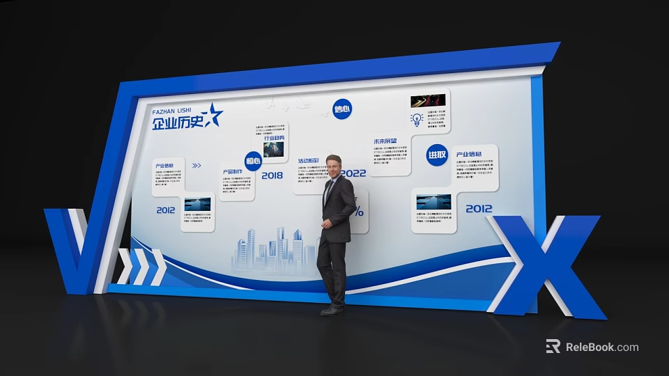 Corporate Journey Display Wall Photo Check-in Spot with Years Charts Skyscraper Silhouettes and Business Person 3d model 