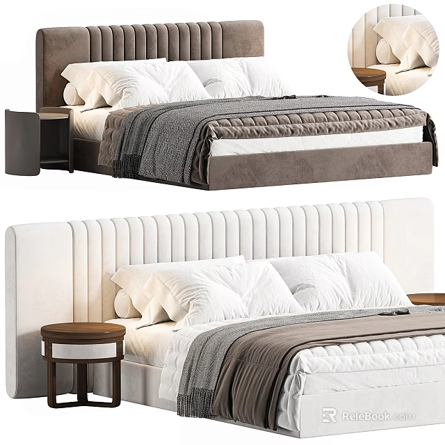 Modern Double Bed With Upholstered Headboard White Pillows Gray Blanket And Wooden Nightstand 3d model 