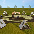 Rural Garden Landscape With Circular Central Area Wooden Pathways And Small Pavilions