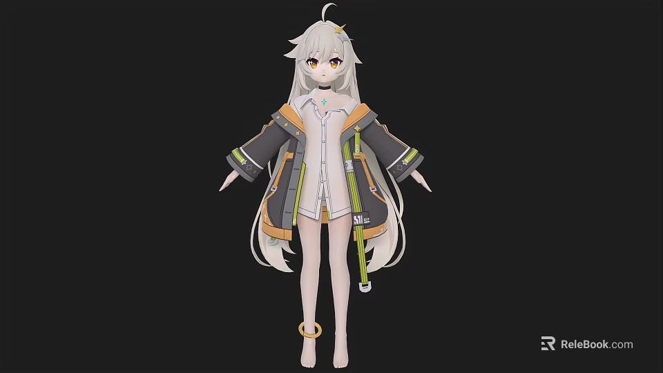Anime Style Woman With Long Silver Hair Wearing Coat And Shorts On Simple Black Background 3d model 