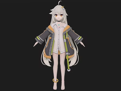 Anime Style Woman With Long Silver Hair Wearing Coat And Shorts On Simple Black Background 3d model