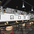 Modern Industrial Café Interior With Wooden Tables Hanging Lights And Brick Walls