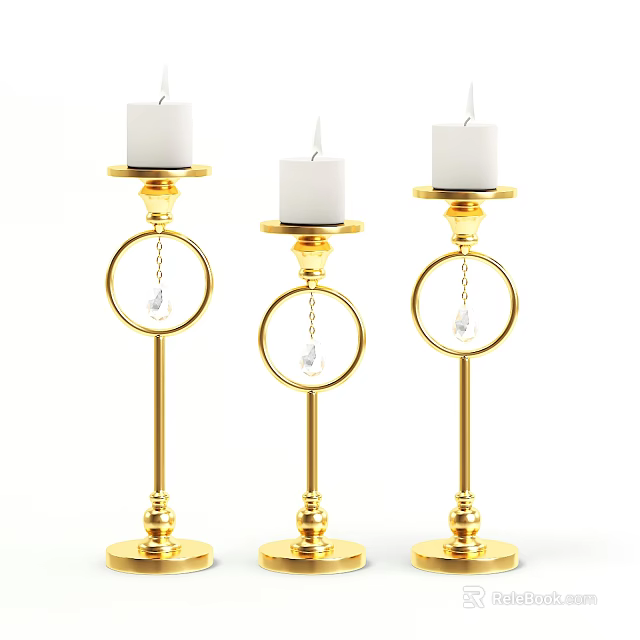 Ornamental Decorative Set With Gold Candle Holders White Candles And Crystal Pendants 3d model 