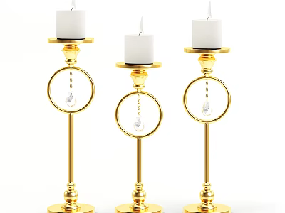 Ornamental Decorative Set With Gold Candle Holders White Candles And Crystal Pendants 3d model