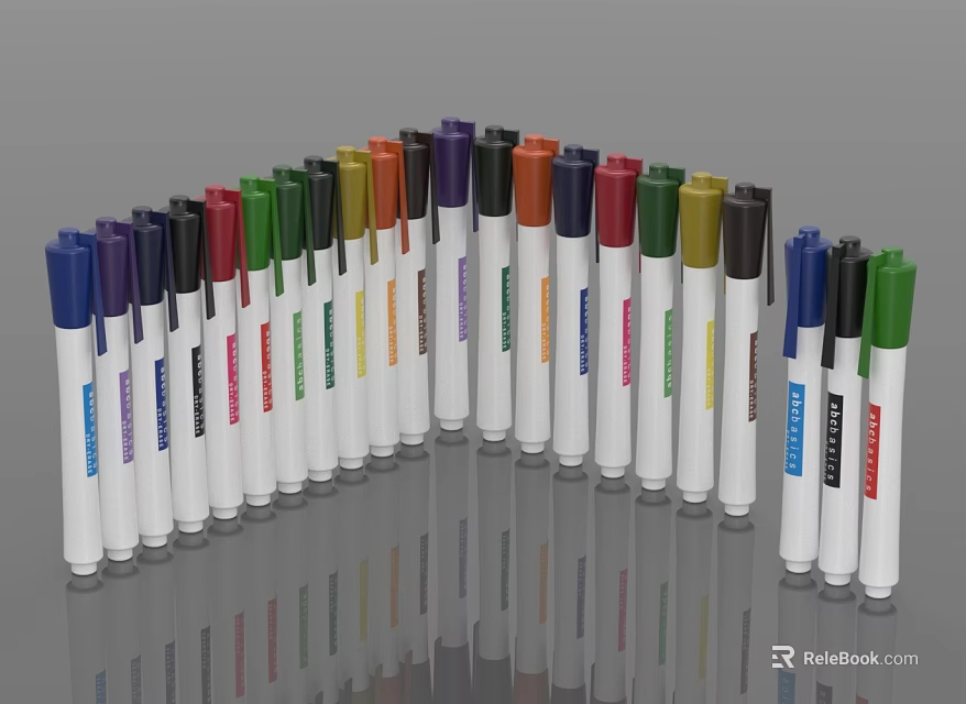 Colorful Marker Pens With White Bodies Neatly Arranged In A Curve With Reflection Effect 3d model 