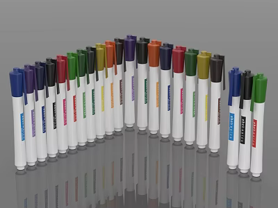Colorful Marker Pens With White Bodies Neatly Arranged In A Curve With Reflection Effect 3d model