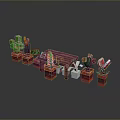 Wooden Dining Table With Red Bench And Colorful Potted Plant Decorative Setup