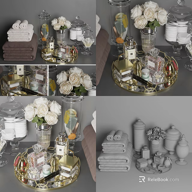 Elegant Bathroom Accessories Set With White Towels Roses Fragrance Bottles And Gold Tray 3d model 