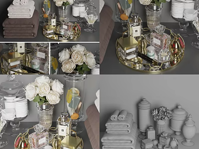 Elegant Bathroom Accessories Set With White Towels Roses Fragrance Bottles And Gold Tray 3d model