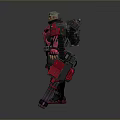 Futuristic Warrior Character In Black And Pink Mechanical Armor With Large Guns