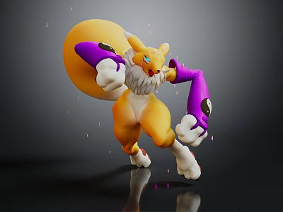 Yellow Creature with Purple Arms White Fur Blue Eyes Large Yellow Orb and Pink Sparkles 3d model