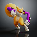 Yellow Creature with Purple Arms White Fur Blue Eyes Large Yellow Orb and Pink Sparkles