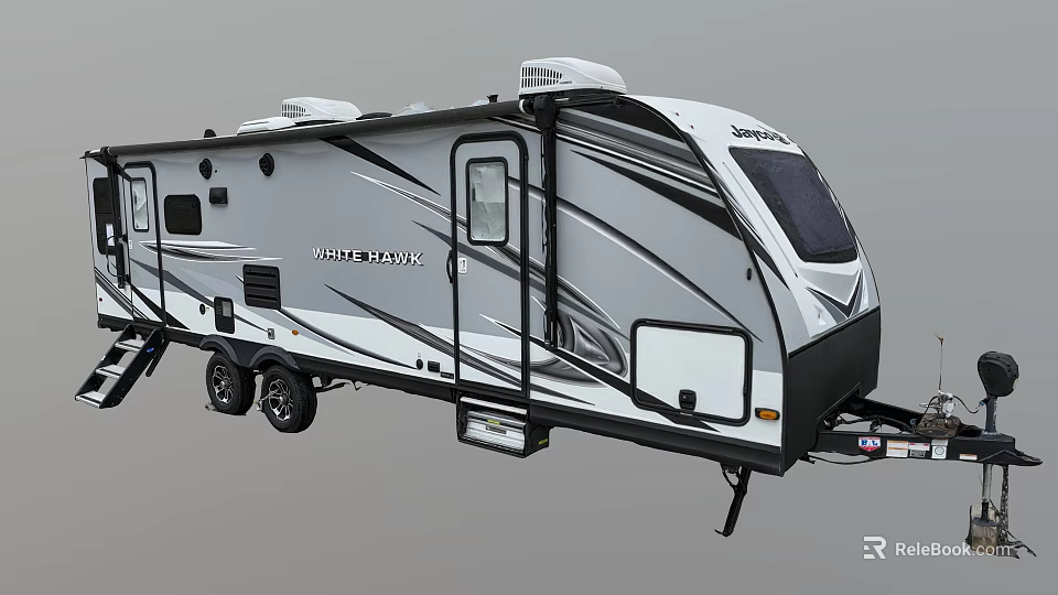 Modern Wildwood Travel Trailer With White Gray Exterior And Black Stripe Accents 3d model 