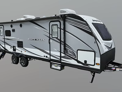 Modern Wildwood Travel Trailer With White Gray Exterior And Black Stripe Accents 3d model