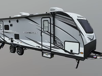Modern Wildwood Travel Trailer With White Gray Exterior And Black Stripe Accents 3d model
