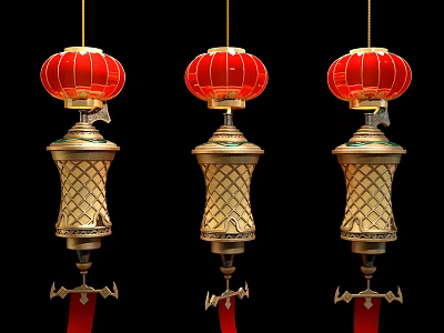 Three Red Chinese Lanterns With Golden Ornate Bodies And Red Tassels 3d model