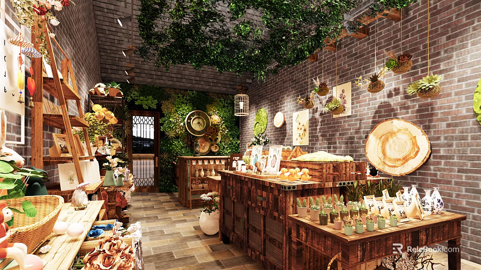 Rustic Specialty Store Interior With Brick Wall Greenery Wooden Shelves And Decorative Items 3d model 