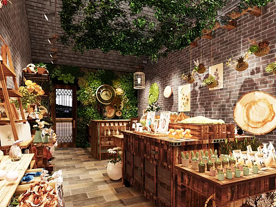 Rustic Specialty Store Interior With Brick Wall Greenery Wooden Shelves And Decorative Items 3d model