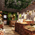 Rustic Specialty Store Interior With Brick Wall Greenery Wooden Shelves And Decorative Items
