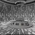 Futuristic Architectural Interior Featuring Circular Structure Vertical Pillars Central Platform And Ceiling Fixture