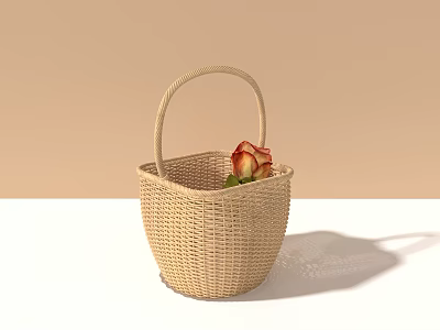 Light Brown Wicker Basket With Roses For Home Decor 3d model