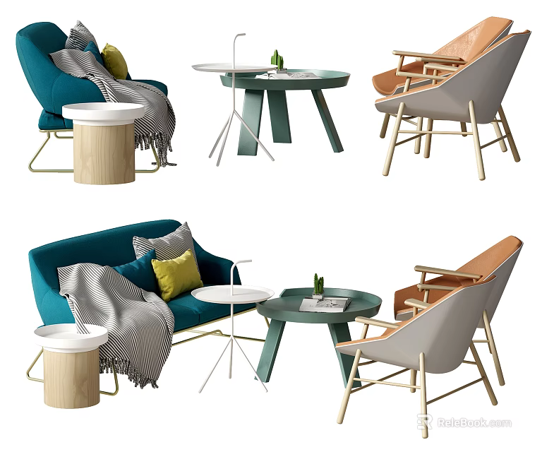 Modern Teal Sofa and Coffee Table Set With Yellow Pillows Gray Throw And Accent Chairs 3d model 