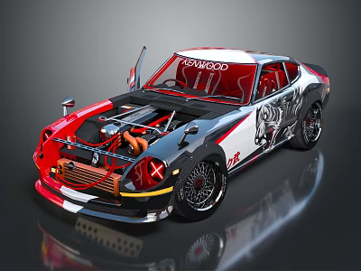 Stunning Modified Sports Car With Exposed Engine Red White Body Graphics Front Logo Black Wheels 3d model
