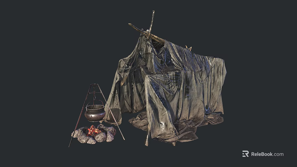 Outdoor Camping Scene With Canvas Tent Campfire And Hanging Pot 3d model 