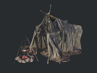 Outdoor Camping Scene With Canvas Tent Campfire And Hanging Pot 3d model