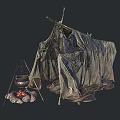 Outdoor Camping Scene With Canvas Tent Campfire And Hanging Pot
