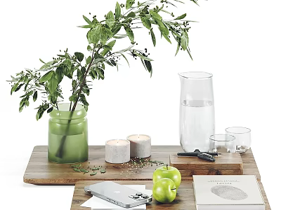 Decorative Ornament Set With Wooden Tray Green Vase Plant Candles Glassware Green Apples And Notebook 3d model