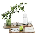 Decorative Ornament Set With Wooden Tray Green Vase Plant Candles Glassware Green Apples And Notebook