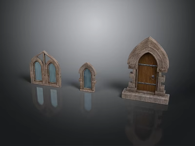Gothic Architectural Components Arched Wooden Door And Glass Windows With Stone Frames 3d model