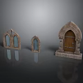 Gothic Architectural Components Arched Wooden Door And Glass Windows With Stone Frames