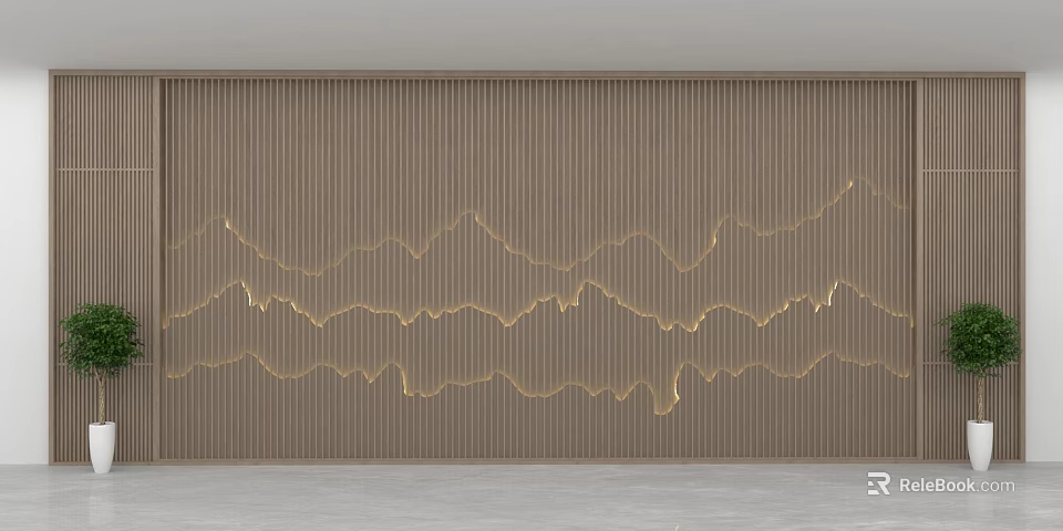 Modern Brown Vertical Striped Background Wall With Golden Wavy Decorative Patterns 3d model