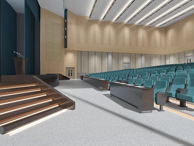 Modern Conference Room With Green Seats Wooden Walls Linear Ceiling Lights Podium And Lit Steps 3d model