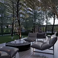 Modern Residential Landscape With High Rise Building Trees Lawn Glass Structure Pathway And Evening Lighting