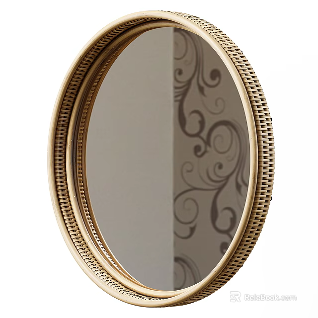 Oval Mirror With Gold Decorative Frame And Floral Wallpaper Reflection 3d model 