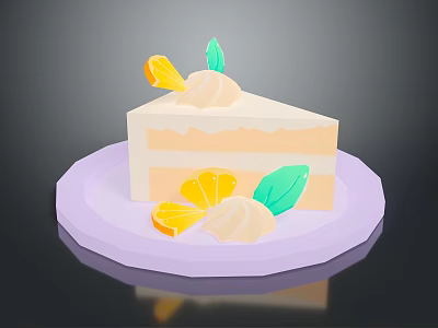 Delicious Layered Cream Cake With Orange Slices And Green Leaves On Purple Plate 3d model
