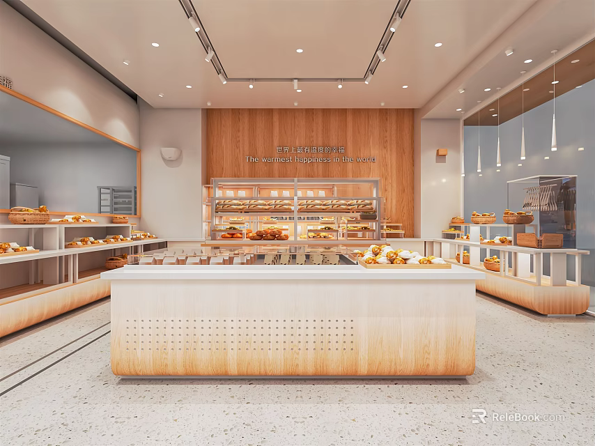 Dessert Shop Interior With Display Cases Bread Pastries Wooden Decor And Bright Lighting 3d model 