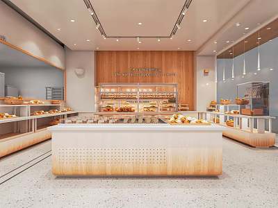 Dessert Shop Interior With Display Cases Bread Pastries Wooden Decor And Bright Lighting 3d model