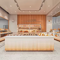 Dessert Shop Interior With Display Cases Bread Pastries Wooden Decor And Bright Lighting