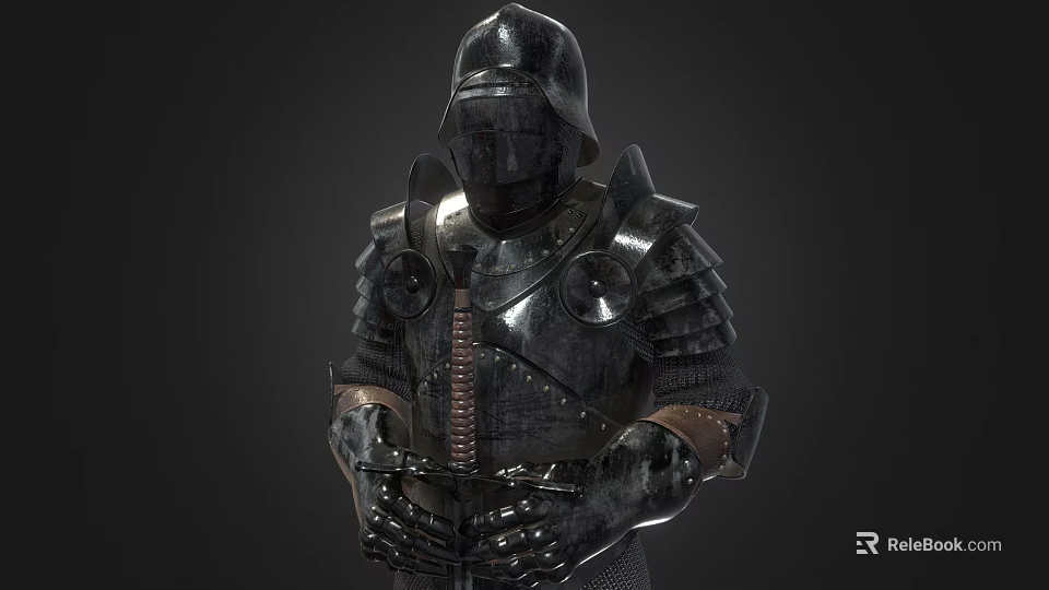 Black Medieval Style Armor With Metallic Design Shoulder Plates Chest Armor And Hand Guards 3d model 