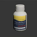 White Pain Reliever Bottle With Yellow And Blue Label For Pain Relief
